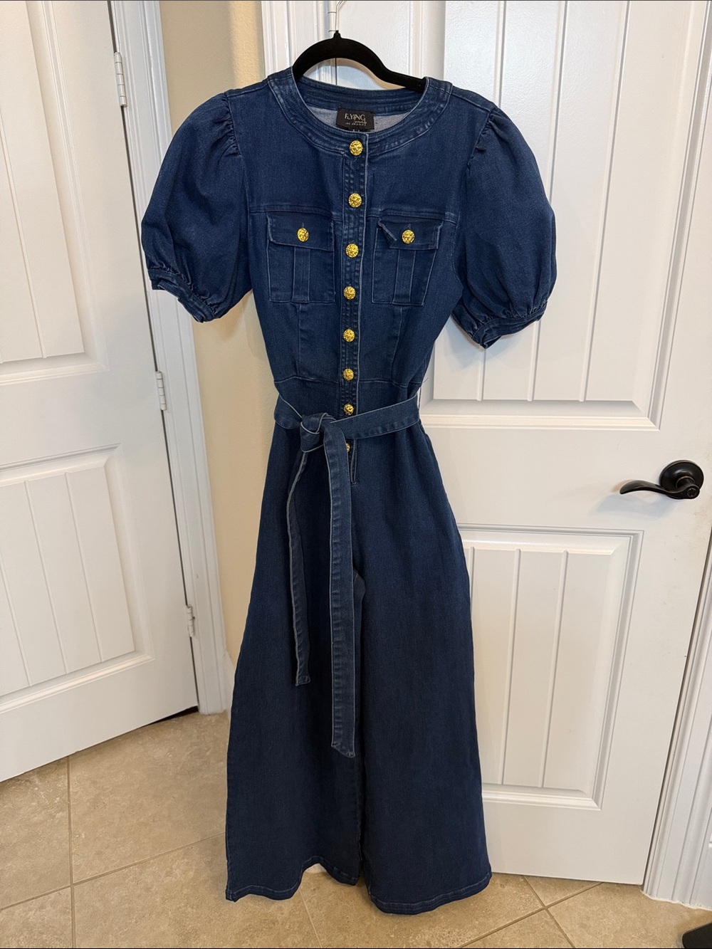 Flying Tomato Dark Blue Denim Midi Jumpsuit with Gold Buttons